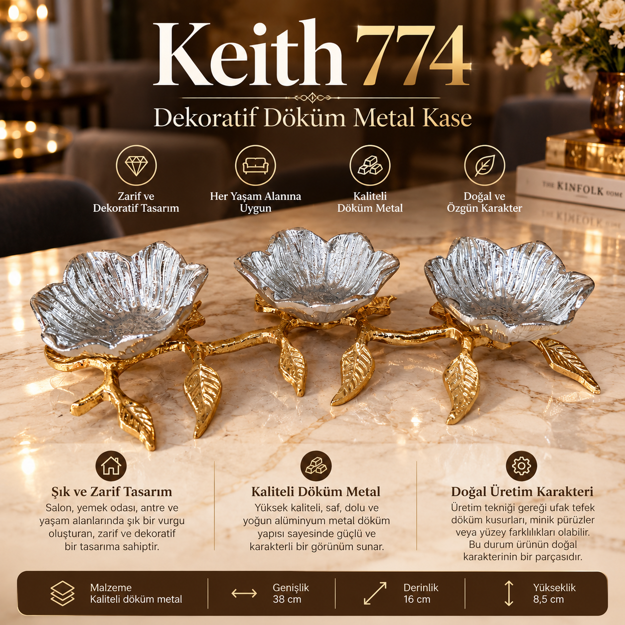 Keith 774 Dekoratif Döküm Metal Kase 3'lü Çiçek Formlu Altın Dal Standlı Sunumluk Kuruyemişlik