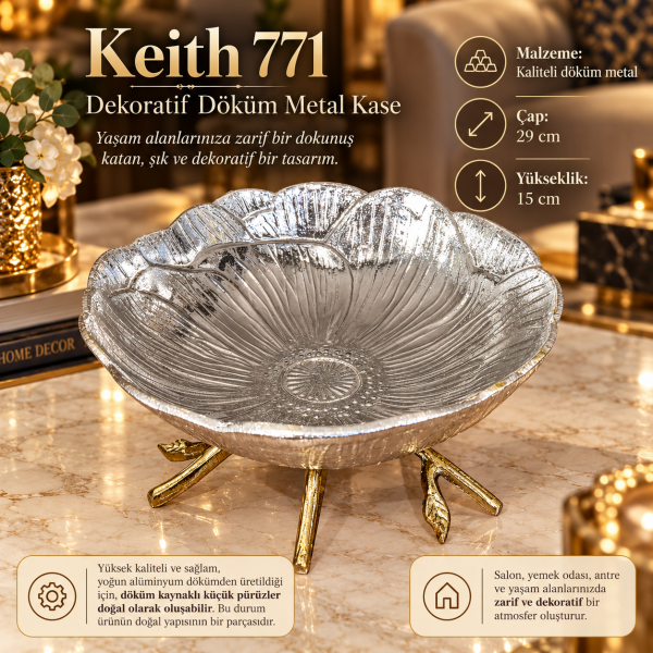 Keith Set 4'lü Dekoratif Döküm Metal Kase Seti Çiçek Formlu Altın Ayaklı Sunum Seti Ev Ofis Hediye