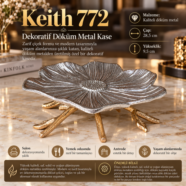 Keith Set 4'lü Dekoratif Döküm Metal Kase Seti Çiçek Formlu Altın Ayaklı Sunum Seti Ev Ofis Hediye