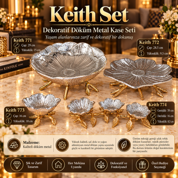 Keith Set 4'lü Dekoratif Döküm Metal Kase Seti Çiçek Formlu Altın Ayaklı Sunum Seti Ev Ofis Hediye