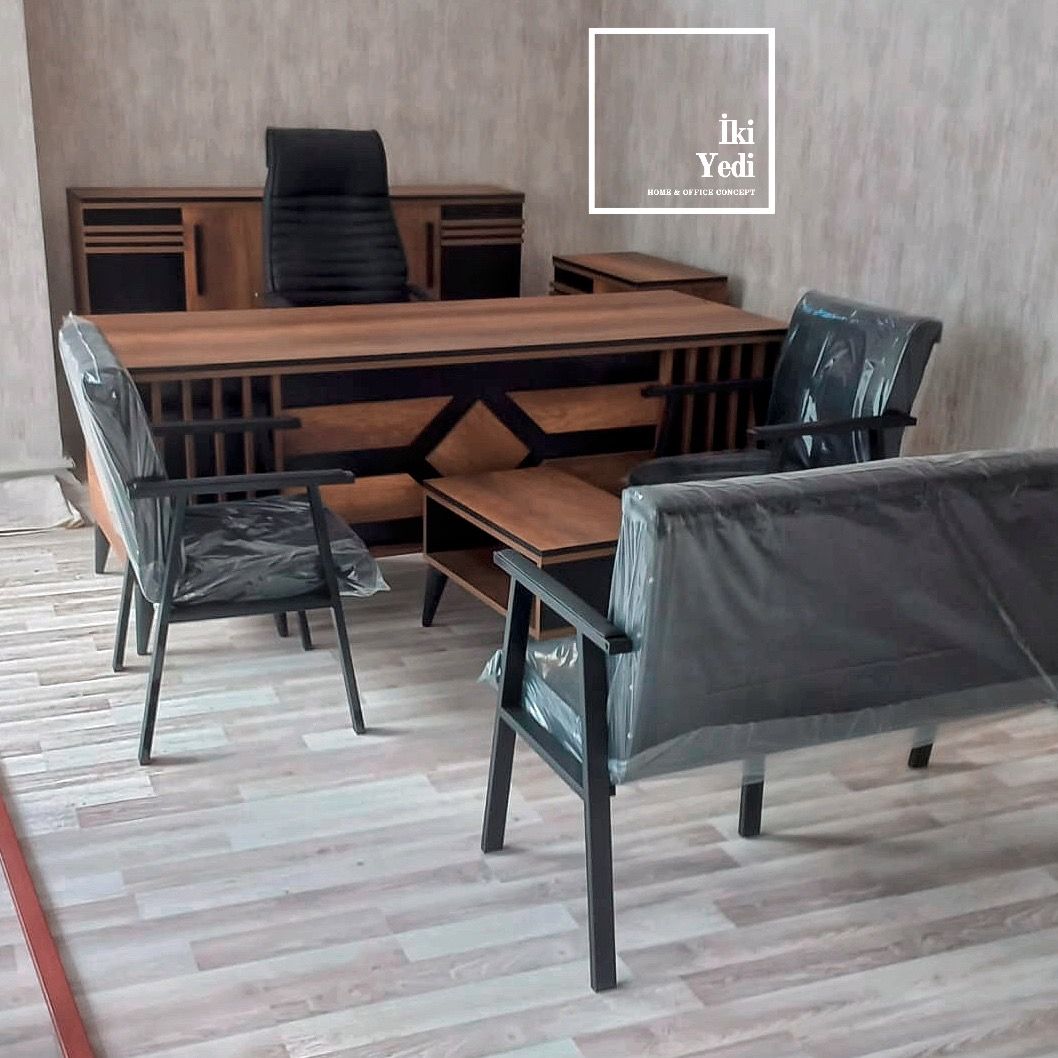 Brooklyn Yönetici Masası Takımı Modern Ofis Mobilyaları Büro Makam Odası Seti Çalışma Masa Sandalye Grubu 2 Metre Büyük Çekmeceli Dolaplı Masa Seti