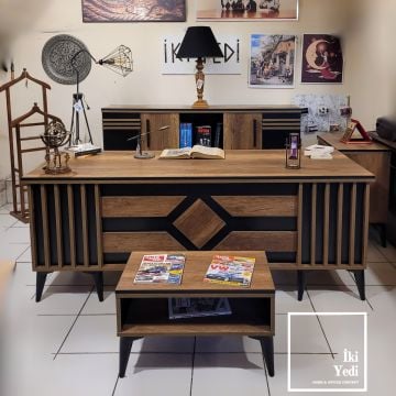 Brooklyn Yönetici Masası Takımı Modern Ofis Mobilyaları Büro Makam Odası Seti Çalışma Masa Sandalye Grubu 2 Metre Büyük Çekmeceli Dolaplı Masa Seti