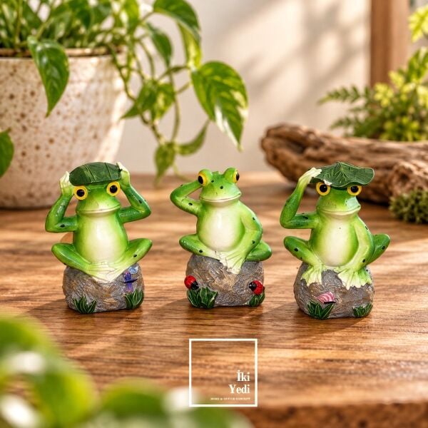 Kermit & Co. 3'lü Mini Kurbağa Biblo Seti Saksı Aksesuarı Sevimli Küçük Kurbağa Figürü Obje Yeşil