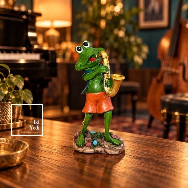 Jazz Frog Saksafon Çalan Kurbağa Biblo Dekoratif Müzisyen Figürü Saksı Yanı Masa Aksesuarı Objeler