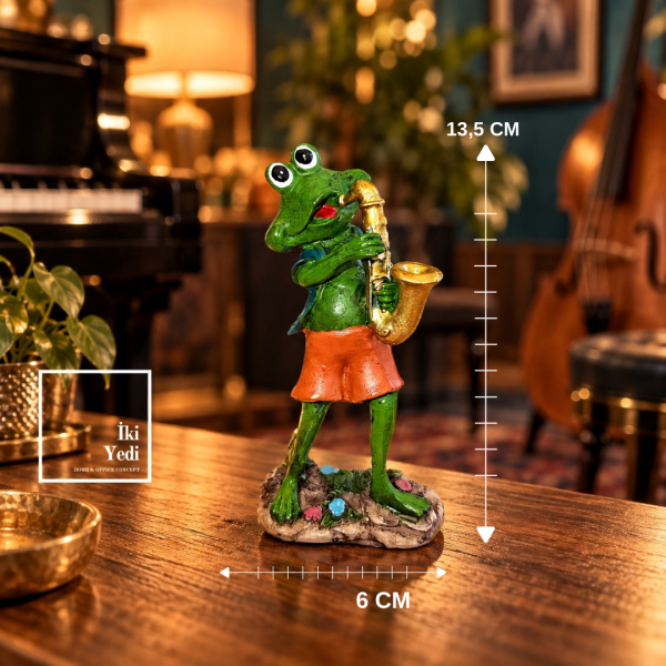 Jazz Frog Saksafon Çalan Kurbağa Biblo Dekoratif Müzisyen Figürü Saksı Yanı Masa Aksesuarı Objeler