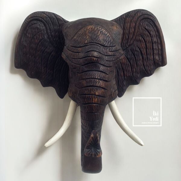 Jaipur 45 cm Ahşap Fil Kafası Duvar Dekoru El Oyması İthal Antik Obje Duvara Asma Hayvan Başı Ev Ofis Büro Hediyesi Hediyelik