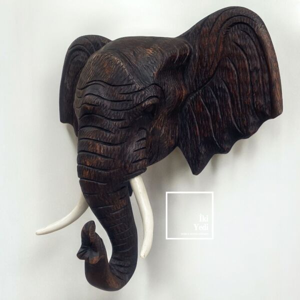 Jaipur 45 cm Ahşap Fil Kafası Duvar Dekoru El Oyması İthal Antik Obje Duvara Asma Hayvan Başı Ev Ofis Büro Hediyesi Hediyelik