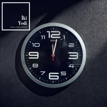 Grada 30 cm Gümüş Gri Siyah Duvar Saati – Metalik Görünümlü Ofis Ev Dekoratif Hediyelik Saat