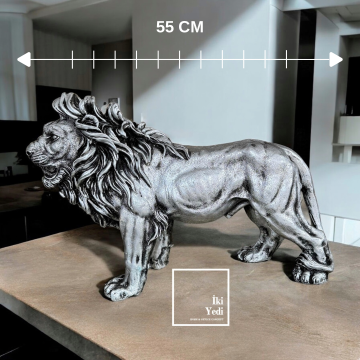 Bruns 77-1 Gri Aslan Heykeli 55 cm Büyük Boyut Dekoratif Obje Ofis Hediyesi Ev Hediyelik Eşyalar