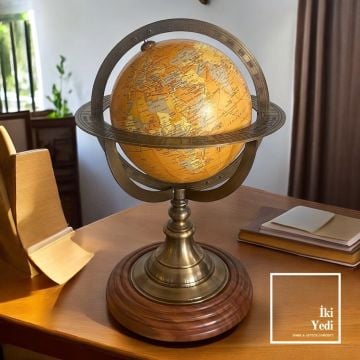 Manhattan Dünya Küresi Pirinç & Ahşap Yerküre Ofis Dekorasyonu Hediyelik Obje Masa Üstü Aksesuar