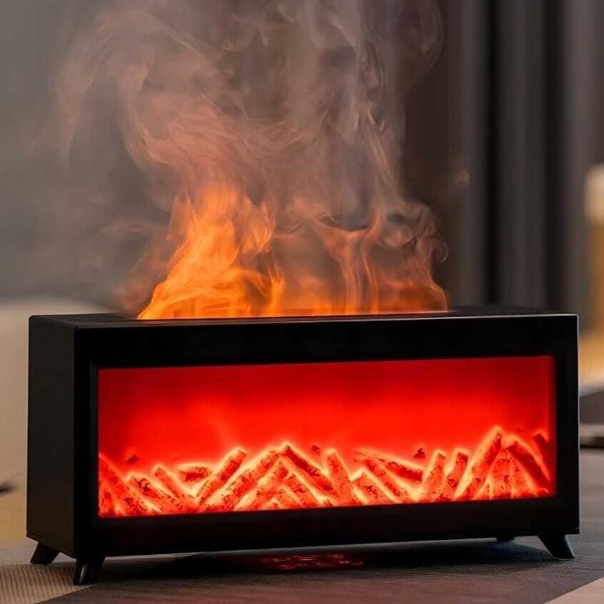 Alev Efektli Şömine Tasarımlı Buhar Difüzör Aromaterapi Hava Nemlendirici LED Işıklı Gece Lambası