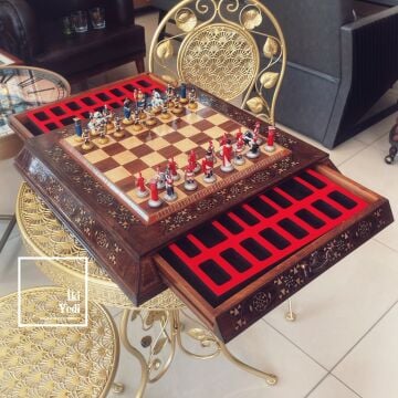 Bologna Lüks Ahşap Satranç Takımı Metal Roma Taşlar El İşi Ağaç VIP Koleksiyon Unutulmaz Hediye