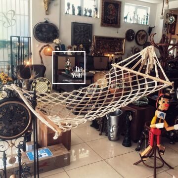 Pamuk İpli Ahşap Destekli El Örgüsü Dekoratif Hamak Şık Bahçe Balkon Salıncağı Dinlenme Dekor Ürünü