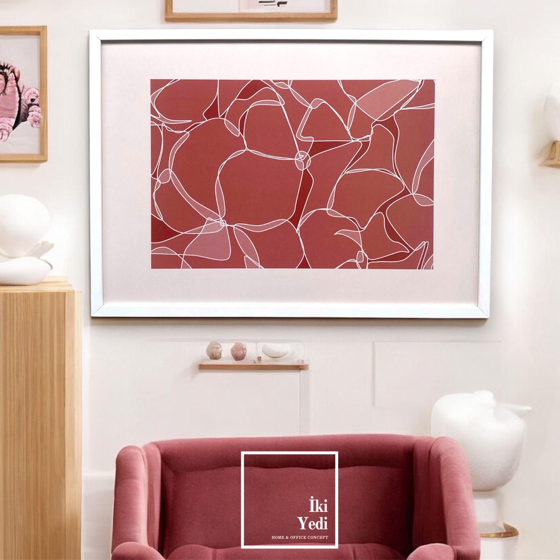 Pietro Modern Dekoratif Tablo Beyaz Çerçeveli Minimalist Sanat Tasarım Soyut Duvar Dekoru Pembe Beyaz Krem Rengi