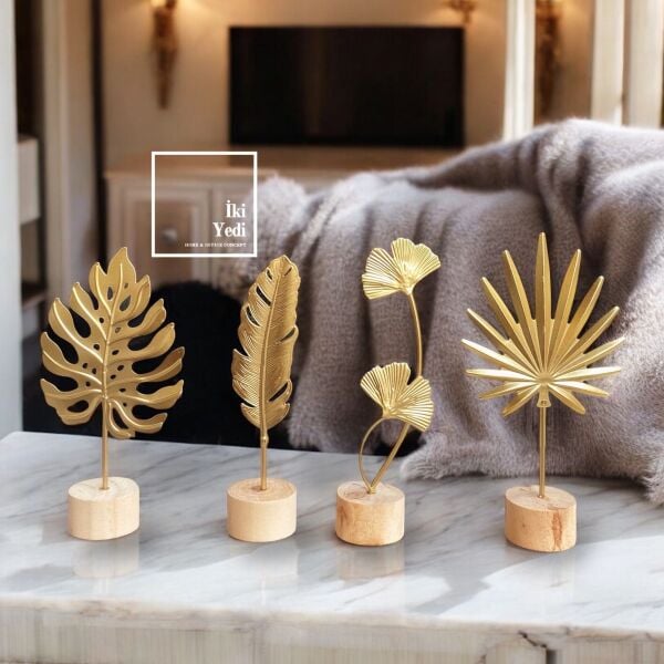 Ralph 4'lü Metal Dekoratif Süs Eşyası Seti Ahşap Kaide Üzeri Gold Dekor Modern Obje Takımı Ev Ofis Hediyesi