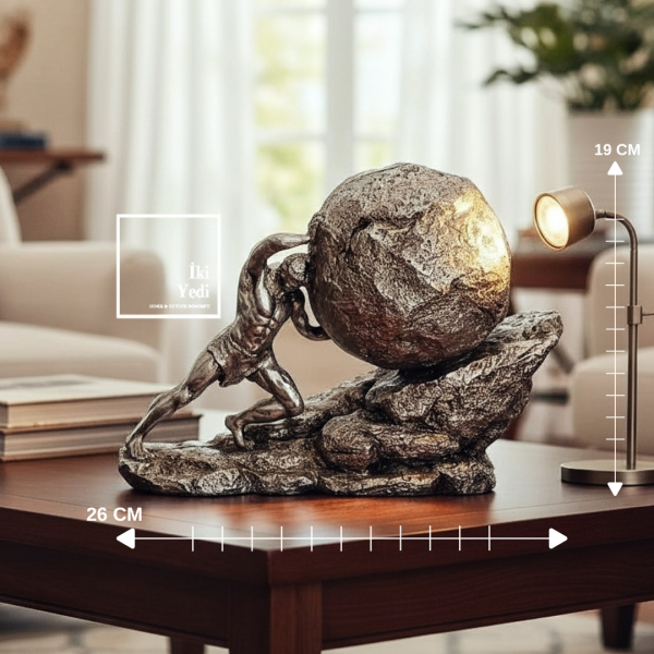 Sisifos Heykeli Mitolojik Figür Biblo Dekoratif Gümüş Gri Obje Bronz Renk Heykel Ev Ofis Aksesuarı