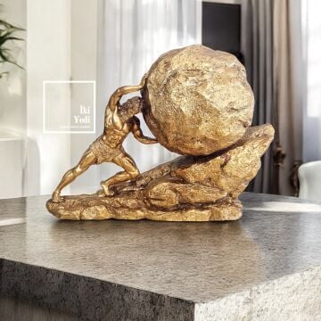 Sisifos Heykeli Mitolojik Figür Biblo Dekoratif Gold Altın Obje Bronz Renk Heykel Ev Ofis Aksesuarı