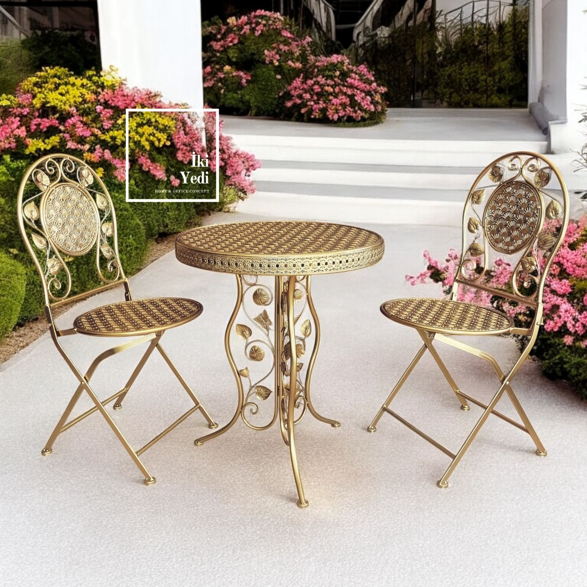 Miami Gold Ferforje Balkon Bahçe Takımı 2 Kişilik Yuvarlak Masa Sandalye Seti Şık Dış Mekan Mobilya