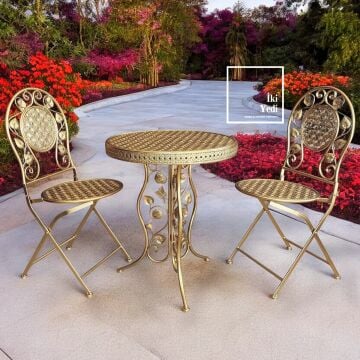 Miami Gold Ferforje Balkon Bahçe Takımı 2 Kişilik Yuvarlak Masa Sandalye Seti Şık Dış Mekan Mobilya