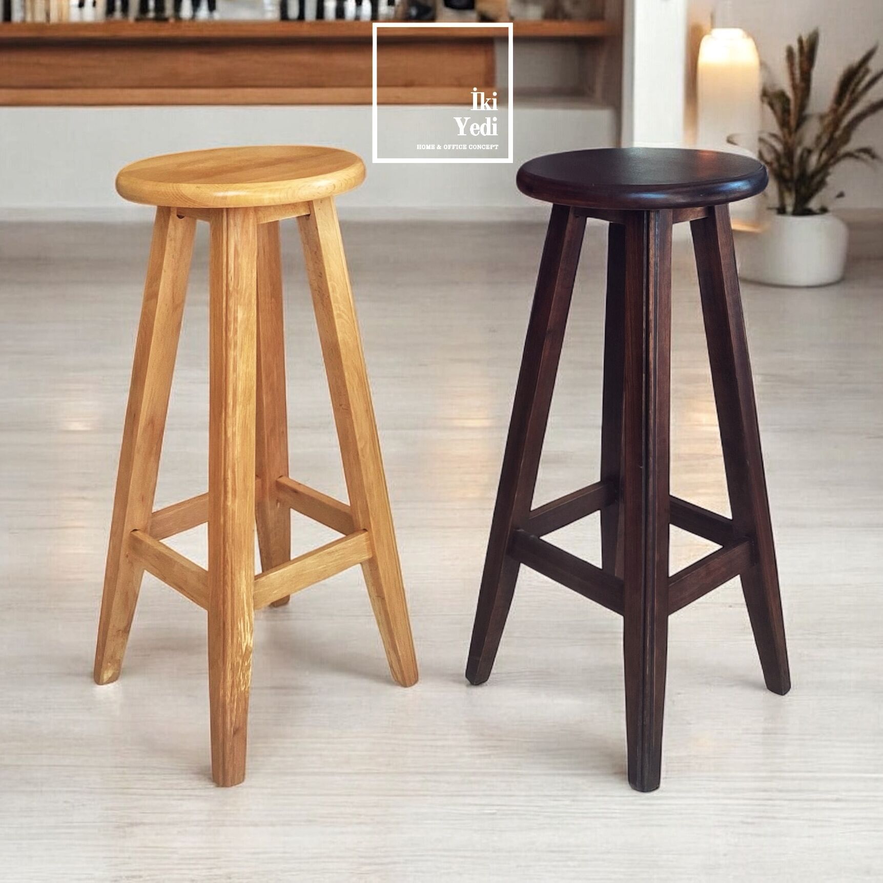 Kessie Ahşap Bar Taburesi Yüksek Oturum Sandalyesi Ağaç Malzeme Modern Bar Dekor