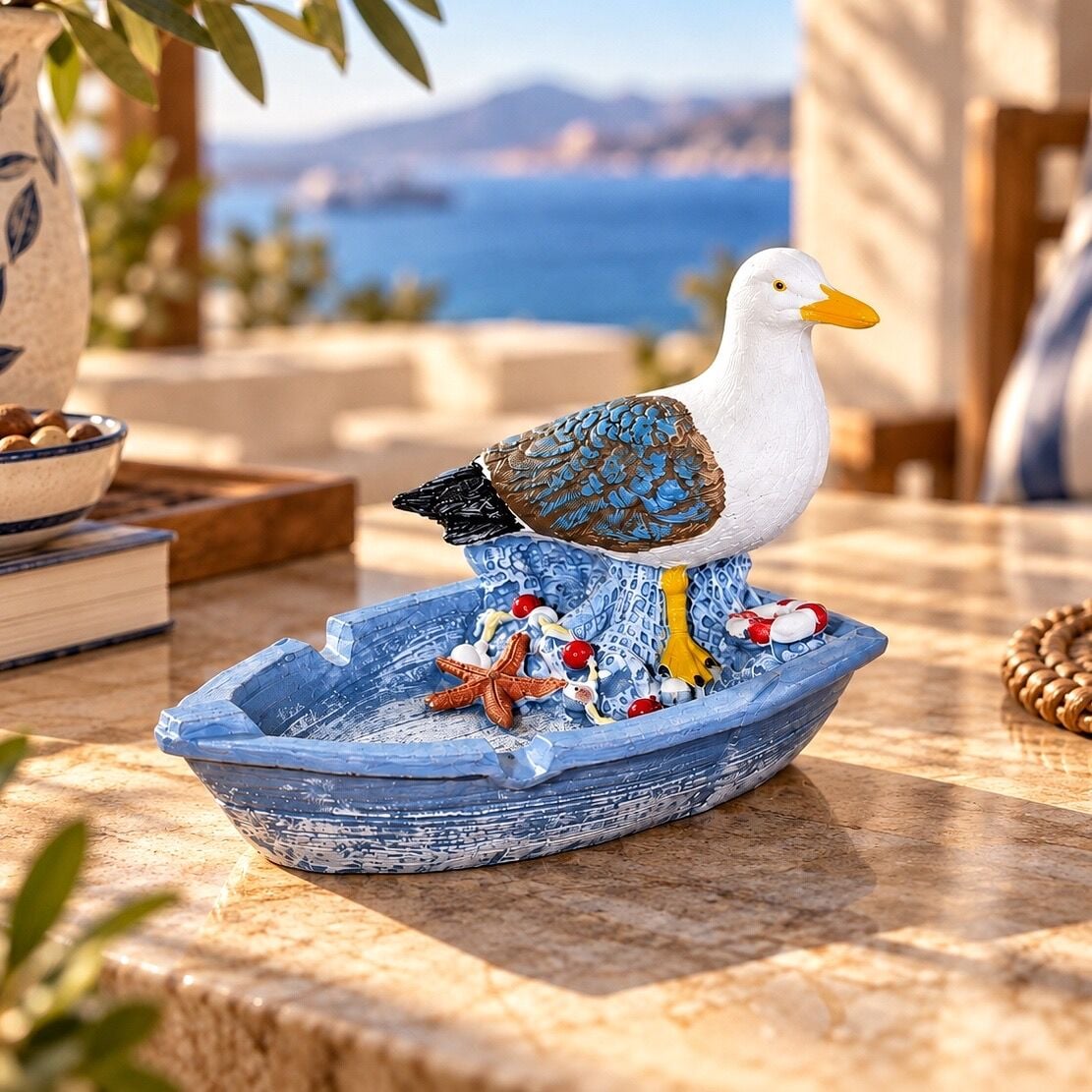 Gulliver 772 Martı Figürlü Tekne Küllük Dekoratif Kül Tablası Deniz Temalı Hediyelik Obje 12.5x9 cm