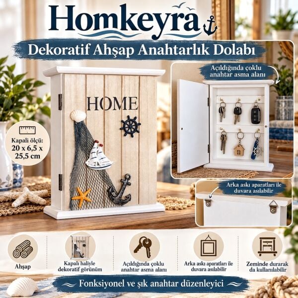 Homkeyra Dekoratif Ahşap Anahtarlık Dolabı Deniz Temalı Duvar Askısı Ev Düzenleyici 20x25.5 cm