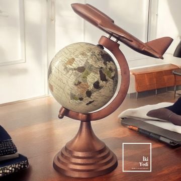 Wagner Bronz Eskitme Dünya Küresi, Uçak Tasarımlı Yerküre, Ofis Hediyesi Dekoratif Aksesuar