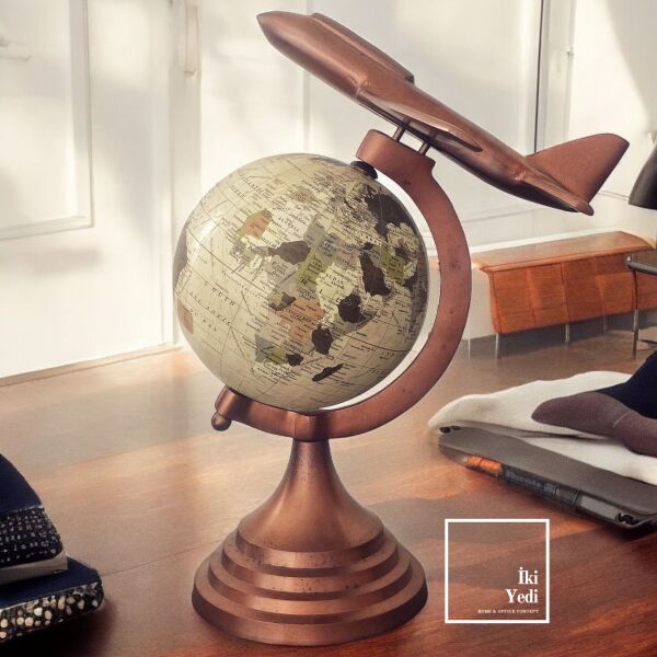 Wagner Bronz Eskitme Dünya Küresi, Uçak Tasarımlı Yerküre, Ofis Hediyesi Dekoratif Aksesuar