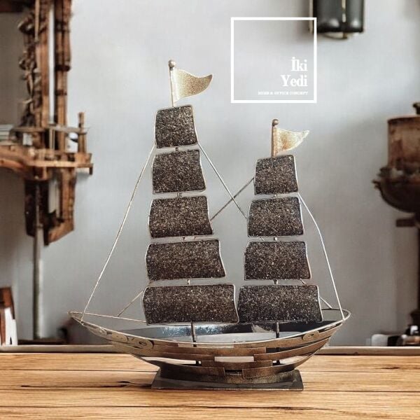 Zlatan 77-2 Çift Direkli Dekoratif Yelkenli Gemi Maketi Biblosu Metal Masaüstü Obje Endüstriyel