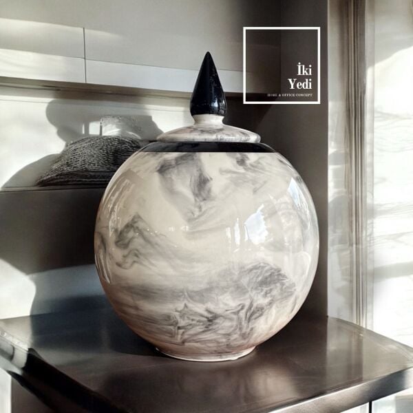 Monza 77-2 Siyah Beyaz Mermer Desenli Seramik Küp, Kapaklı Dekoratif Obje, Ev Ofis Aksesuarı