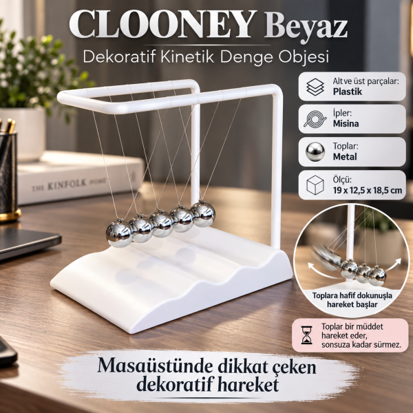 Clooney Beyaz Dekoratif Kinetik Denge Obje Newton Beşiği Masaüstü Hareketli Ofis Hediyesi Aksesuar