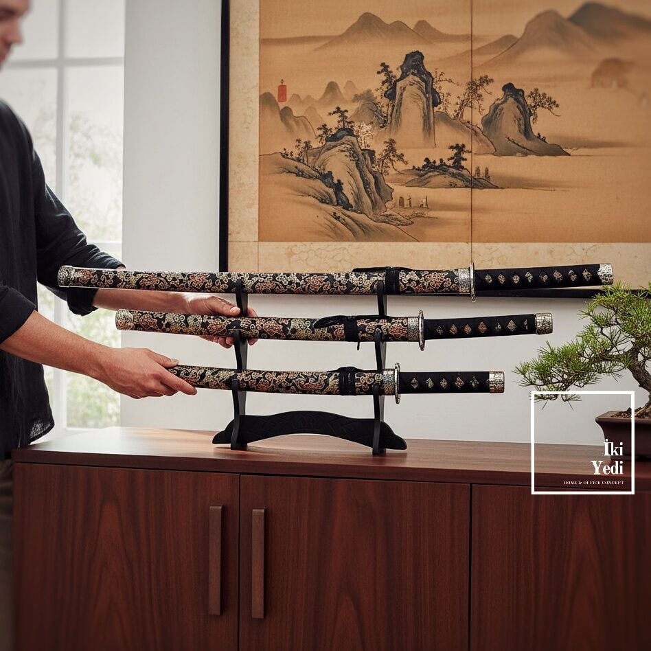 3’lü Samuray Kılıcı Seti Sarı Siyah Kılıf ve Standlı Dekoratif Katana Takımı Dekoratif Japon Kılıcı