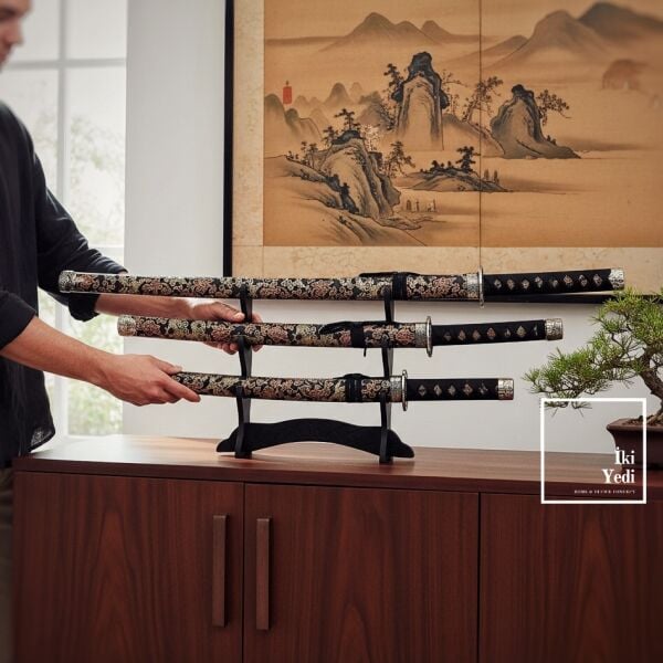 3’lü Samuray Kılıcı Seti Sarı Siyah Kılıf ve Standlı Dekoratif Katana Takımı Dekoratif Japon Kılıcı