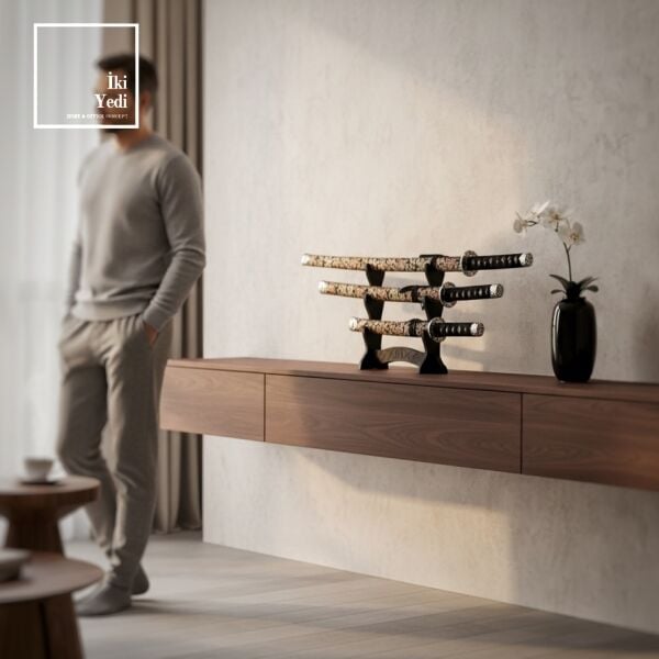 3’lü Samuray Kılıcı Seti Sarı Siyah Kılıf ve Standlı Dekoratif Katana Takımı Dekoratif Japon Kılıcı