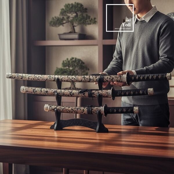 3’lü Samuray Kılıcı Seti Sarı Siyah Kılıf ve Standlı Dekoratif Katana Takımı Dekoratif Japon Kılıcı