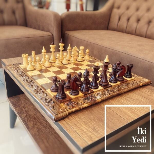 Zita Oymalı Ağaç Masif Ahşap Satranç Takımı El İşçiliği Ceviz Ağacı Satranç Seti Lüks Koleksiyon