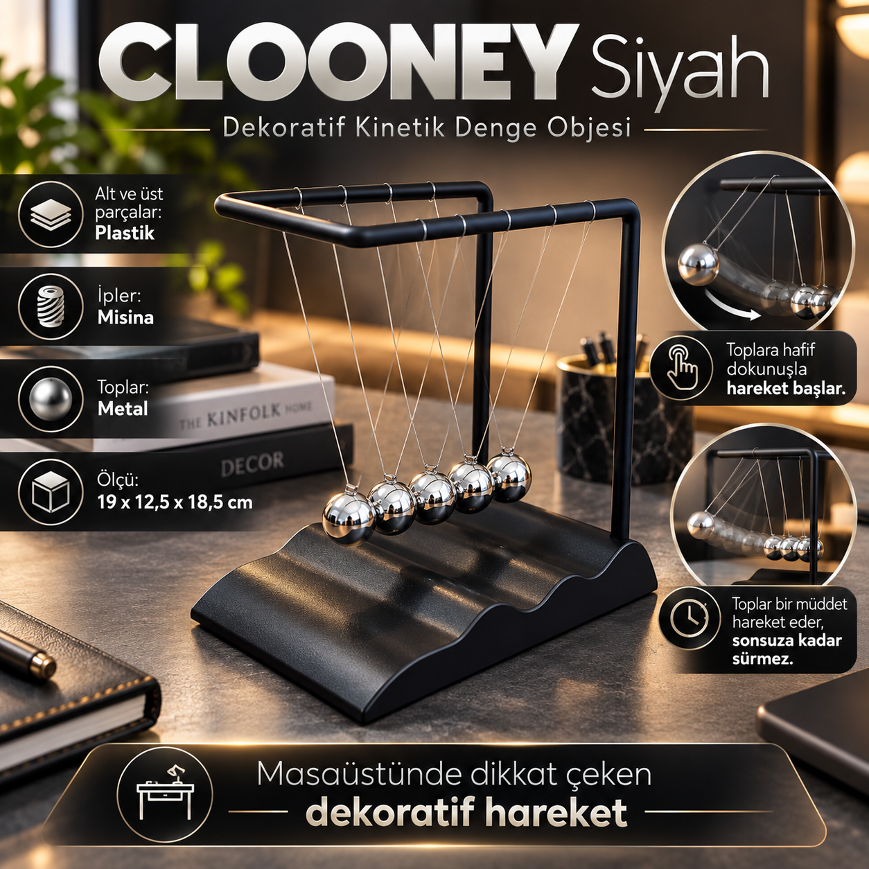 Clooney Siyah Dekoratif Kinetik Denge Obje Newton Beşiği Masaüstü Hareketli Ofis Hediyesi Aksesuar