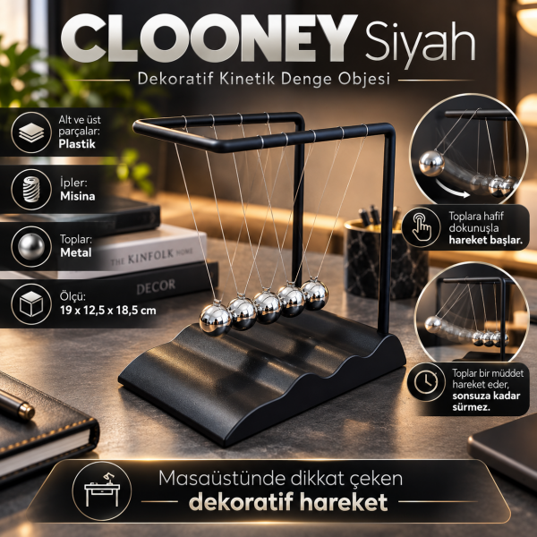 Clooney Siyah Dekoratif Kinetik Denge Obje Newton Beşiği Masaüstü Hareketli Ofis Hediyesi Aksesuar