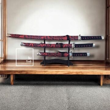 3’lü Samuray Kılıcı Seti Kırmızı Siyah Kılıf Standlı Dekoratif Katana Takımı Dekoratif Japon Kılıcı