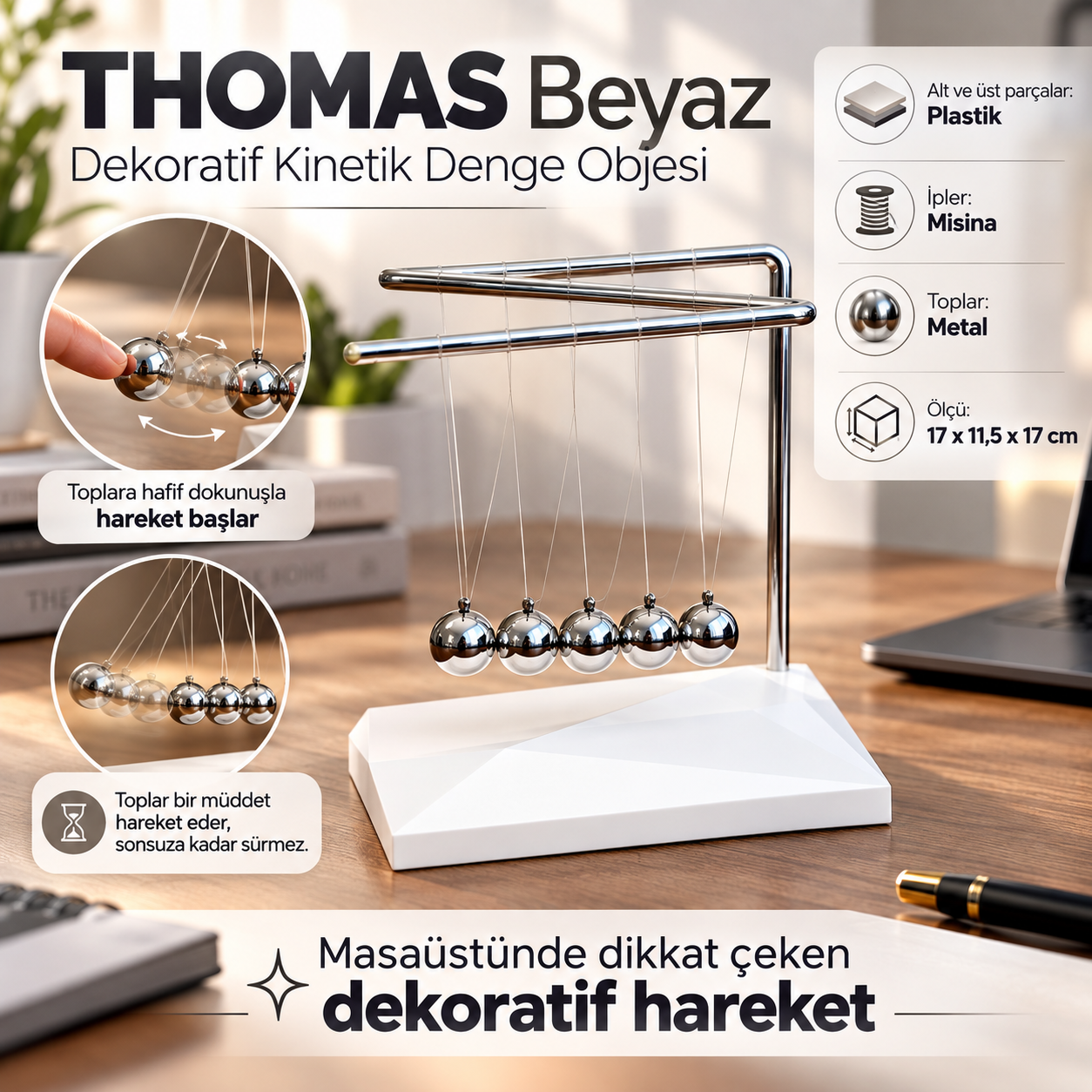Thomas Beyaz Dekoratif Kinetik Denge Obje Newton Beşiği Geometrik Taban Ofis Masaüstü Dekor Hediye