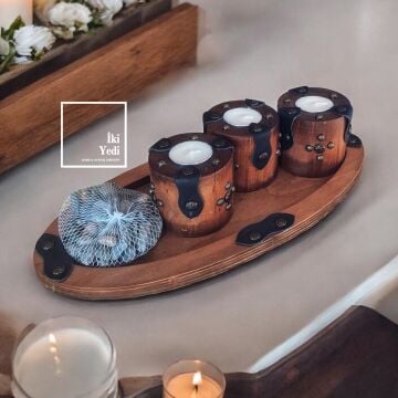 Dosena 77-1 Ahşap Tealight Mumluk Seti Deri Detaylı Üçlü Şamdan Dekoratif Taşlı Rustik Ev Ofis Süsü