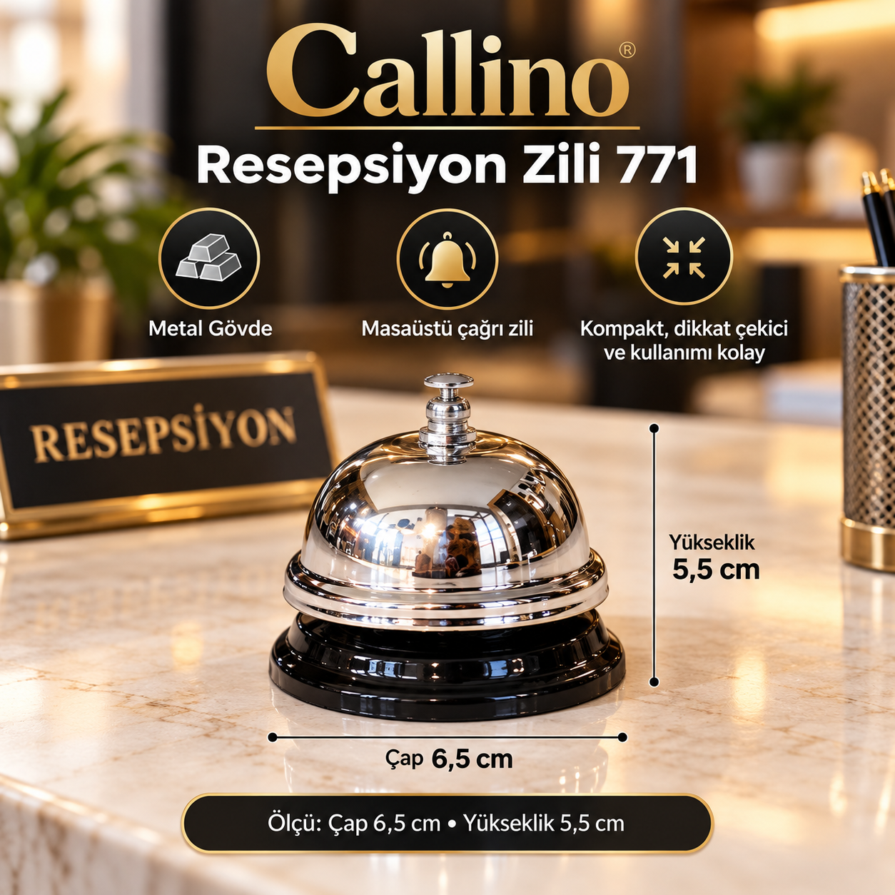 Callino 771 Resepsiyon Zili Masaüstü Çağrı Zili Metal Gövde Otel Ofis Danışma Servis Zili Küçük Boy
