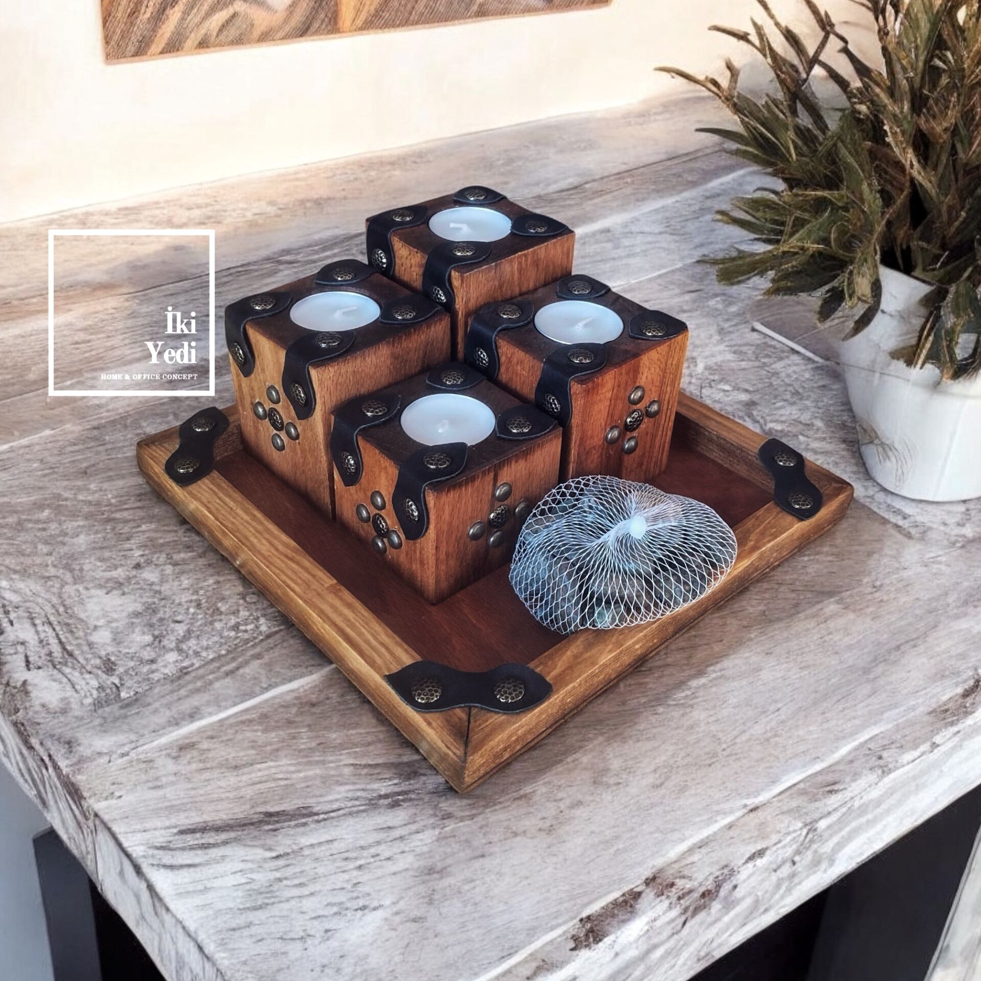 Dosena 77-2 Kare Ahşap Mumluk Takımı Tealight Şamdan Seti Deri Detay Dekoratif Rustik Ev Ofis Süsü