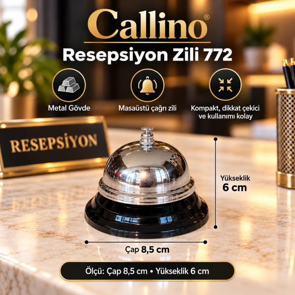 Callino 772 Resepsiyon Zili Masaüstü Çağrı Zili Metal Gövde Otel Ofis Danışma Servis Zili Orta Boy