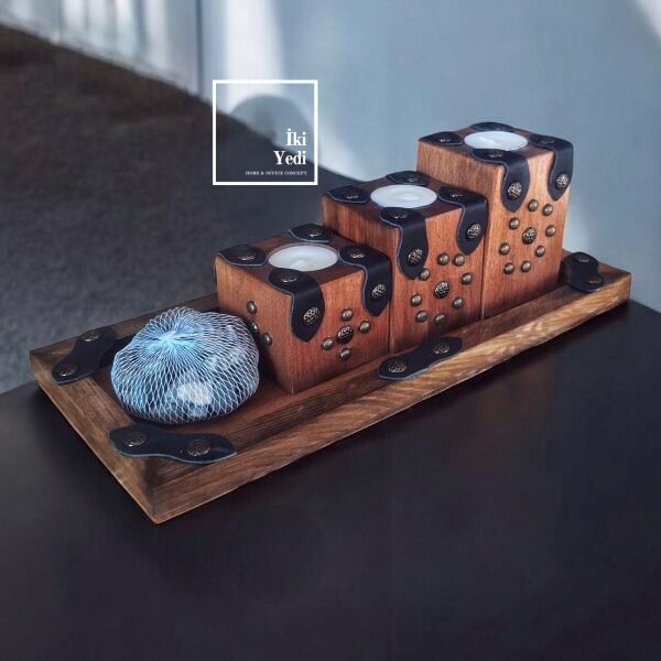 Dosena 77-3 Basamak Görünüm Ahşap Mumluk Takımı 3’lü Deri Detaylı Şamdan Seti Rustik Aksesuar
