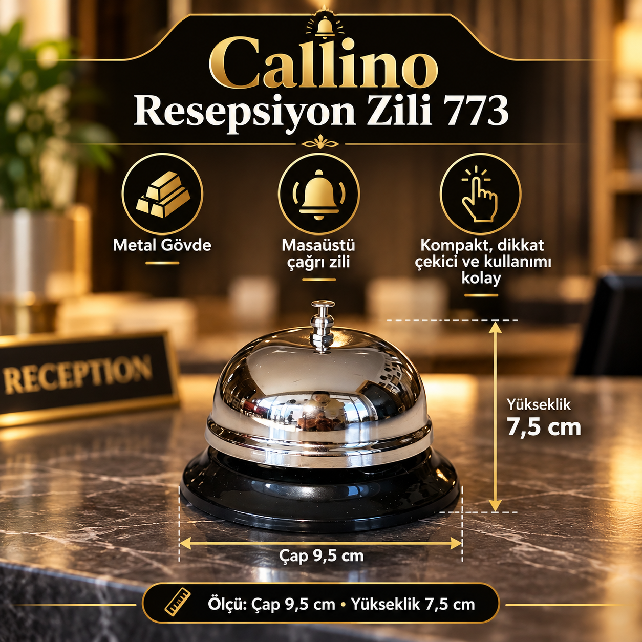 Callino 773 Resepsiyon Zili Masaüstü Çağrı Zili Metal Gövde Otel Ofis Danışma Servis Zili Büyük Boy