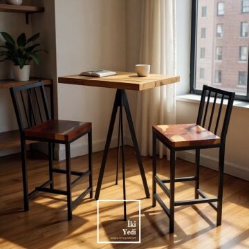 Donjuma Masif Ağaç Mutfak Bar Masa Sandalyesi Takımı Bistro Set Yüksek Cafe Balkon Mobilyaları Metal Profil Teşhir Ürünü