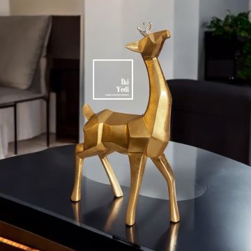 Ferran Gold Geometrik Geyik Biblo Modern Taçlı Dekoratif Obje Ev ve Ofis Heykel Hediyelik Eşyalar