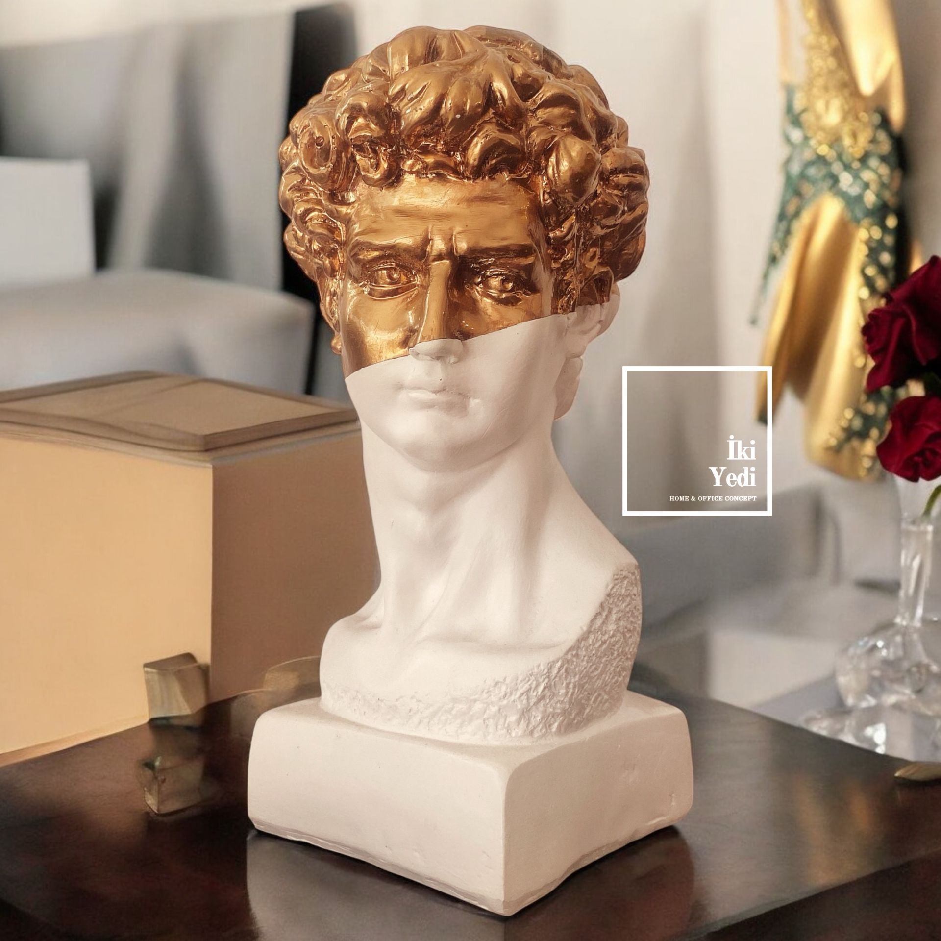 Ünlü Ressam Michelangelo Sanatı Davut Heykeli 32 Cm David Büst Dekor Beyaz Gold Ev Ofis Hediyesi Büro Dekorasyon