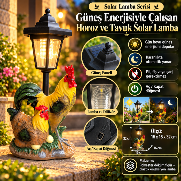 Horoz ve Tavuk Solar Lamba Güneş Enerjili Bahçe Aydınlatması Dekoratif Led Lamba 32 cm Gece Lambası